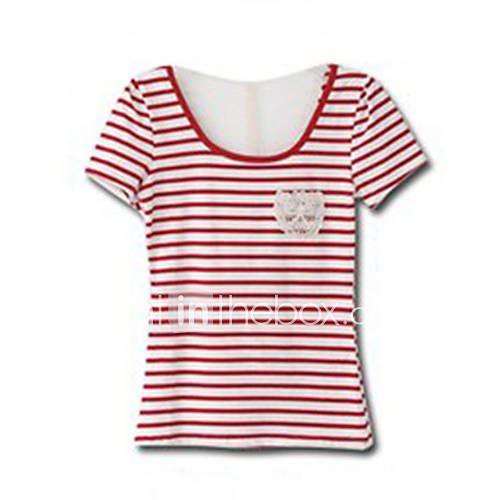 Womens Round Collor Sheer Lace Stripes T shirt