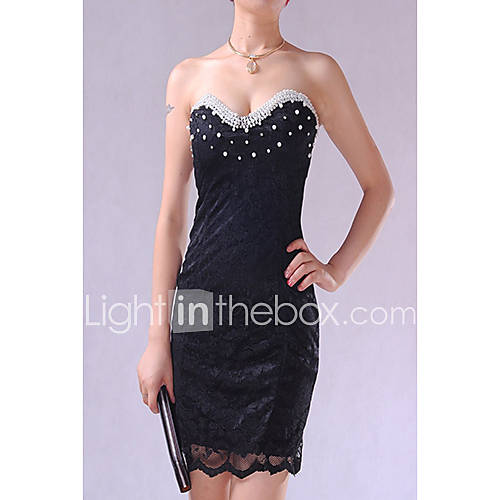 Womens Pearl Embed Lace See Through Sexy Low Cut Bodycon Bandeau Dress