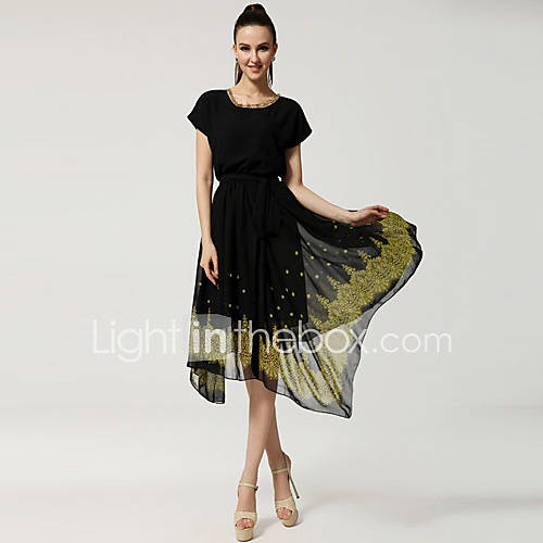 Color Party Womens Golden Lace Swing Long Dress (Black)