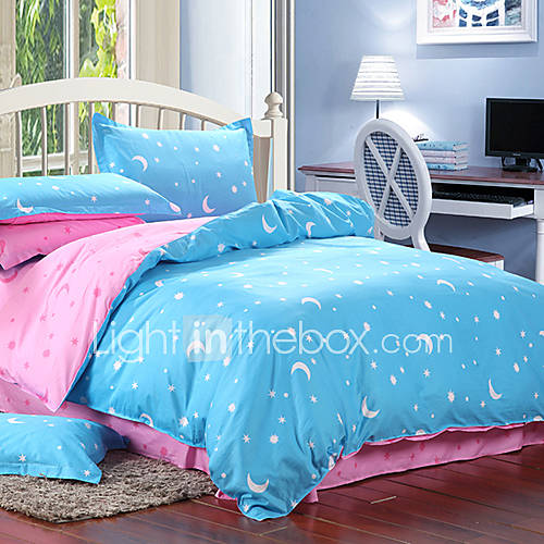 Mankedun Lovely Moon And Star Pattern Blue Cotton 4 PCS Set Bedding