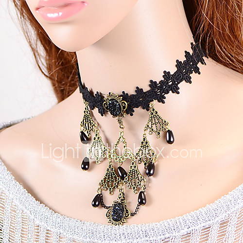 OMUTO Natural Crystal Pendant Gem Collar Necklace (Black)