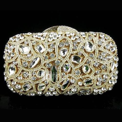 Fashion Ladies Hollow Design Gold Crystal Glass Metal Bridal Evening Purse