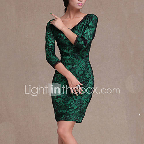 Lifver Womens V Neck Floral Print Lace Bodycon Green Dress