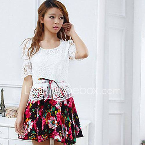 Womens Sweet Lace Printing Mini Dresses