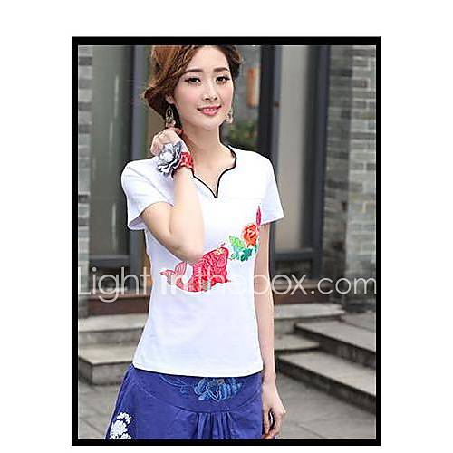 Womens Round Collar National Wind Embroidered Short Sleeve T Shirt