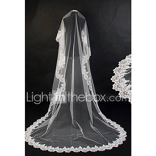 One Tier Cathedral Wedding Veil With Applique Edge(More Colors)