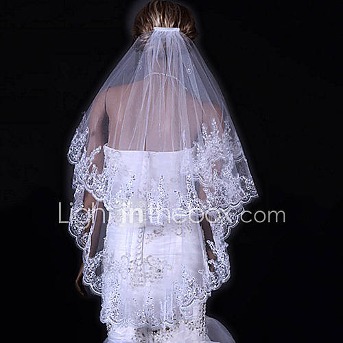 Two Tier Fingertips Wedding Veils With Applique Edge(More Colors)