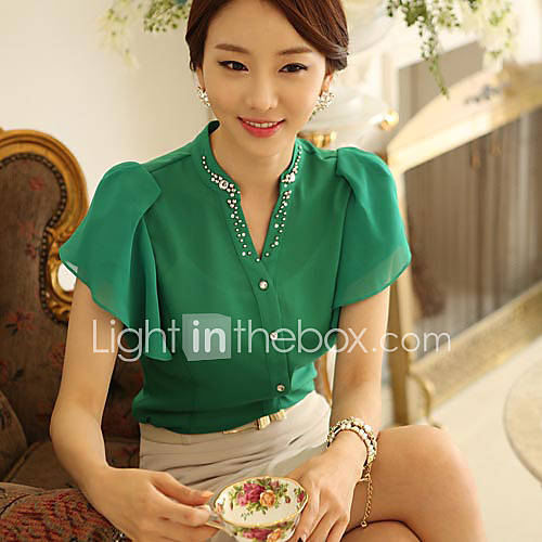 BeiYan Womens Fashion Korean V Neck Short Sleeve Chiffon Shirt(Green)