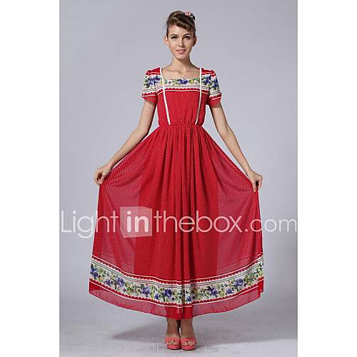 Womens Fashion Red Print Chiffon Ball Dress