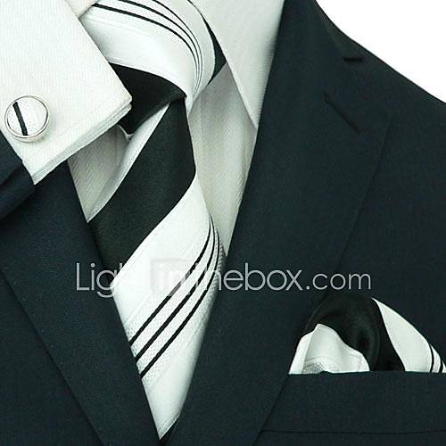 Mens Landisun Black White Stripe Silk Tie Set Tie Hanky Cufflinks Landisun Exclusive