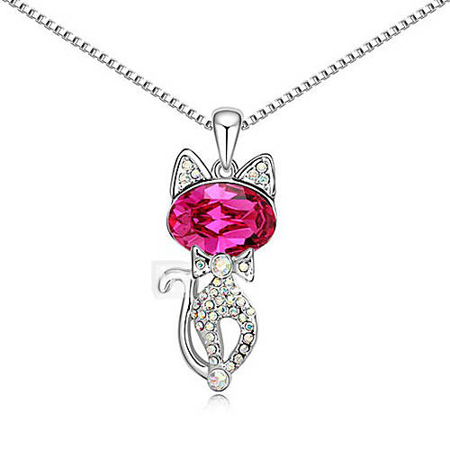 Xingzi Womens Charming Fuchsia Persian Cat Crystal Dangling Necklace