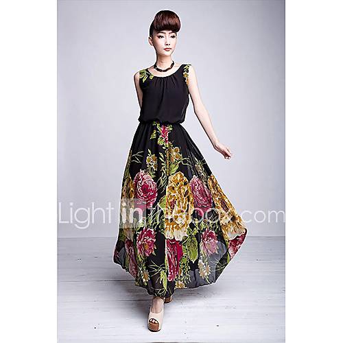 Swd Round Neck Large Hem Floral Chiffon Dress (Black)