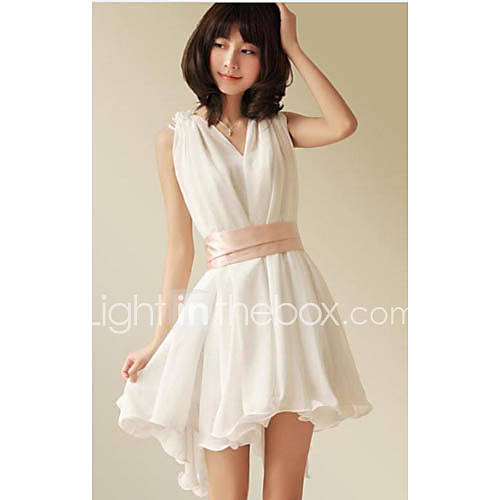 Successful V Neck Short Sleeve 2Pcs Chiffon Dress Belt Included (White)