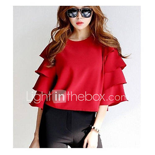 Fiona Womens New Style Ruffle Trumpet Sleeve Round Collar Loose Fit Chiffon Shirt(Red)