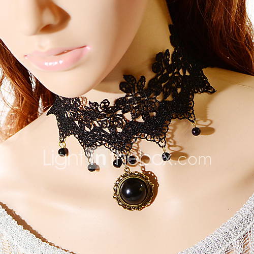 OMUTO Hollow Out Lace Water Drop Pearl Necklace (Black)