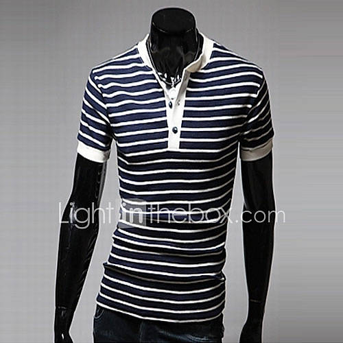 ZHELIN Mens Stripe V Neck Short Sleeve Bodycon Navy Blue 100% Cotton T Shirt