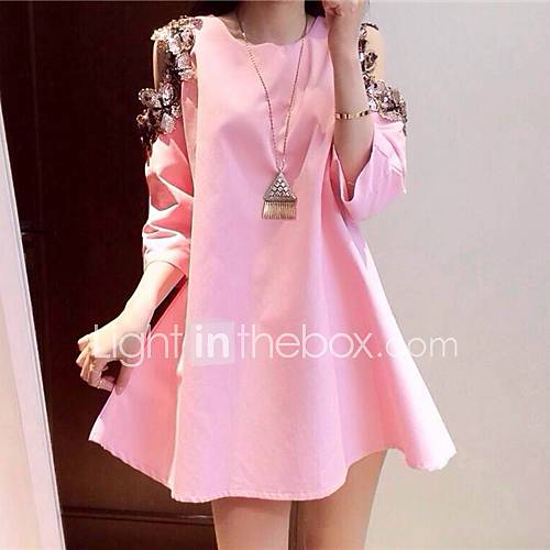 Jingpin Round Neck Long Sleeve Waisted Dress (Pink)