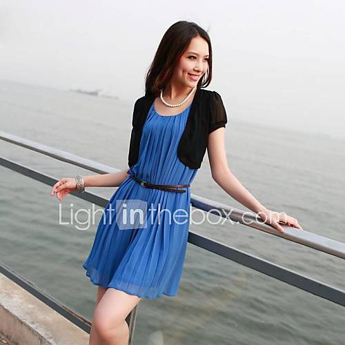 Women Casual Crew Neck Sexy Chiffon Pleated Belted Fashion Dresses