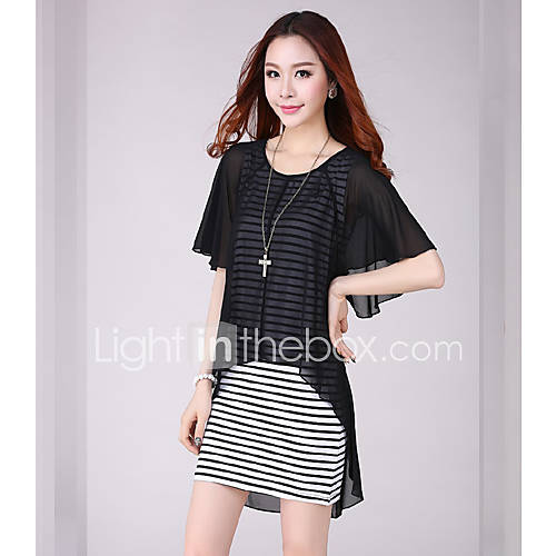 E Shop 2014 Summer Fake Two Pieces Stripes Chiffon Dress (Black)