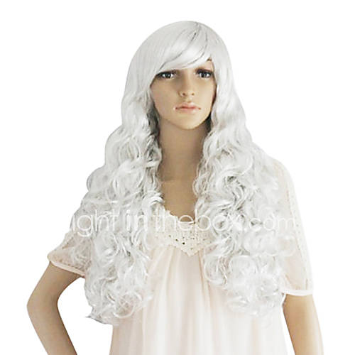 Long White Synthetic Wavy Wig Side Bang