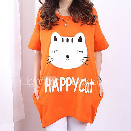 Womens Fashion Loose Cute Happy Cat Print Short Sleeve T Shirt