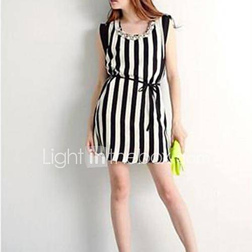 Womens Black White Stripes PearlDiamond Folding Cuff Dress