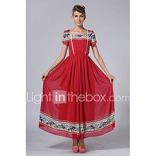 Swd Round Neck Short Sleeve Floral Large Hem Chiffon Dress (Red)