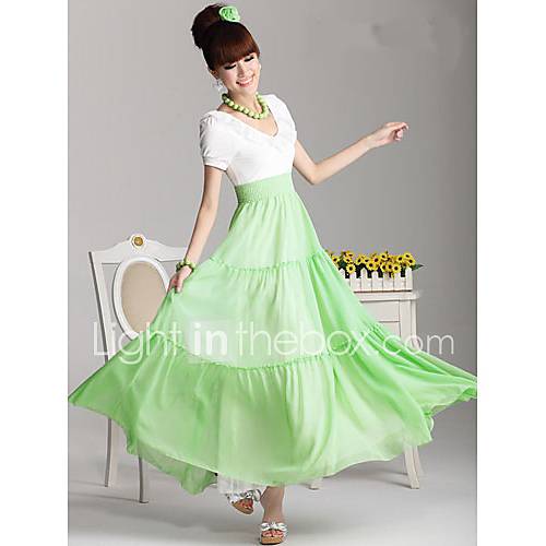 Swd Large Hem V Neck Stitching Dress (Green)