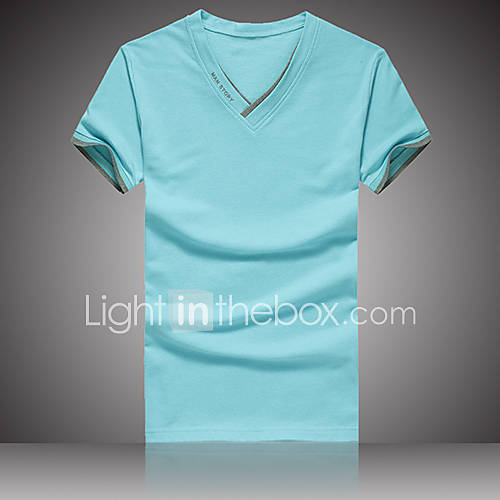 ARW Mens Leisure Solid Color Short Sleeve V Neck Light Blue Shirt