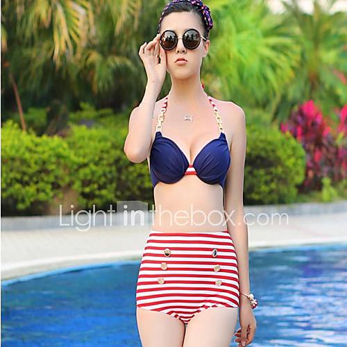 Womans Sexy Steel Red White Striped High Waisted Bikini Care