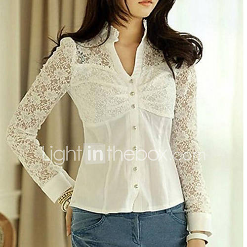 Rxhx V Neck Lace Slim Chiffon Shirt(White)