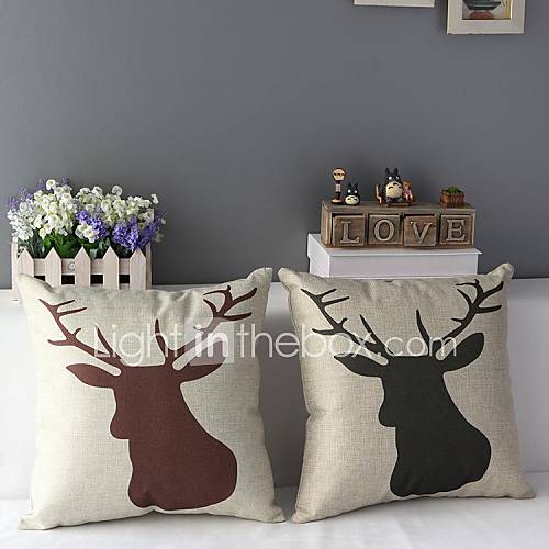 Set of 2 Lovely Brown and Light Grey Reindeers Head Decorative Pillow Covers