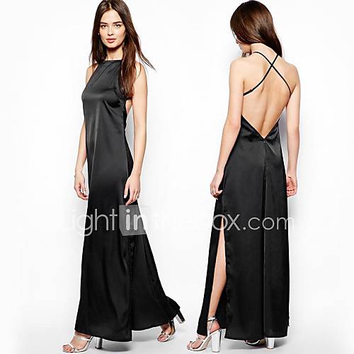 Womens Round Collar Cross Braces Halter Maxi Dress