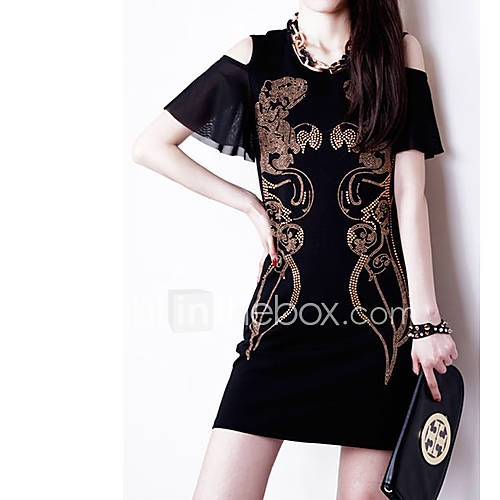 Yishabeier Fashion Rivet Feifei Sleeve Dress(Black)