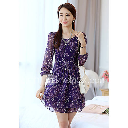 Hanpai Womens Round Neck Lace Pattern Joint Chiffon Cut Out Sleeve Dress