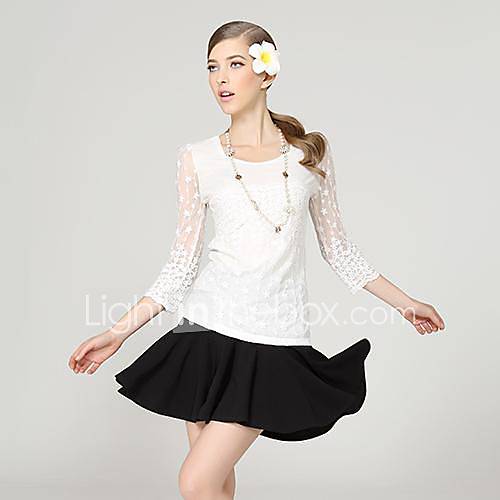 OSA Women Plus Size Hollow Lace Blouses Bottoming Slim Pearled T Shirt