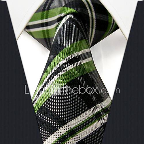 Mens Casual Check Pattern Silk Gray Necktie