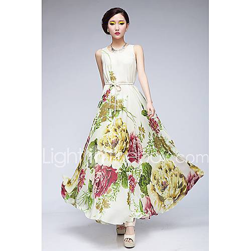 Swd Round Neck Large Hem Floral Chiffon Dress (White)