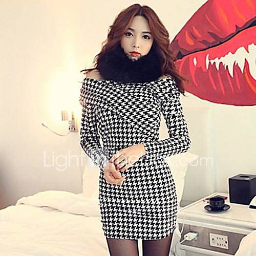 Womens Off The Shoulder Slim Bodycon Check Dress