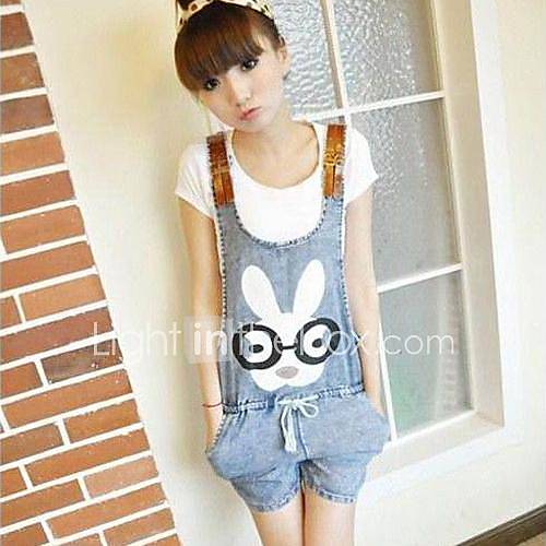 Womens Fashion Rabbit Eye Print Drawstring Denim Strap Jumpsuits