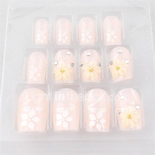 12 PCS Ecru White Printed Flower Acrylic UV Gel False Nail Art Tips With Glue