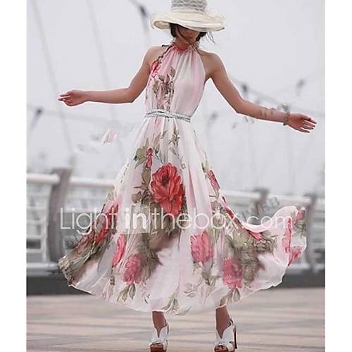 Womens Elegant Floral Pleated Chiffon Maxi Dress