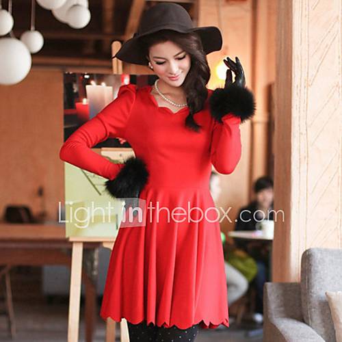 Jingpin Round Neck Solid Dyed Long Sleeve Bottoming Dress (Red)