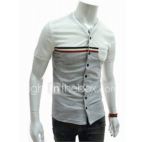 ZHELIN Mens V Neck Short Sleeve Bodycon Contrast Color Light Gray 100% Cotton T Shirt