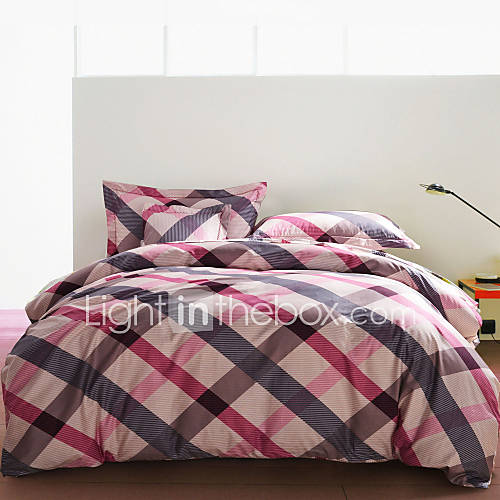 Duvet Cover Set,4 Piece Reactive Print 100% Cotton Stripe Pink