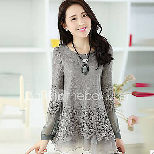 Loongzy Womens Bodycon Lace Long Sleeve Round Neck Gray Shirt