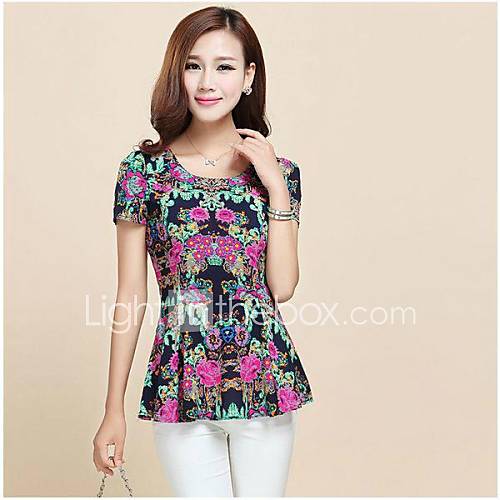 Womens Floral Printed Wrinkle Chiffon Shirts with Navy Blue