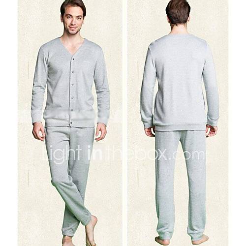 Spring and Autumn Couples Solid Color Long Sleeved Cotton Pajamas for Men Home Furnishing Suit
