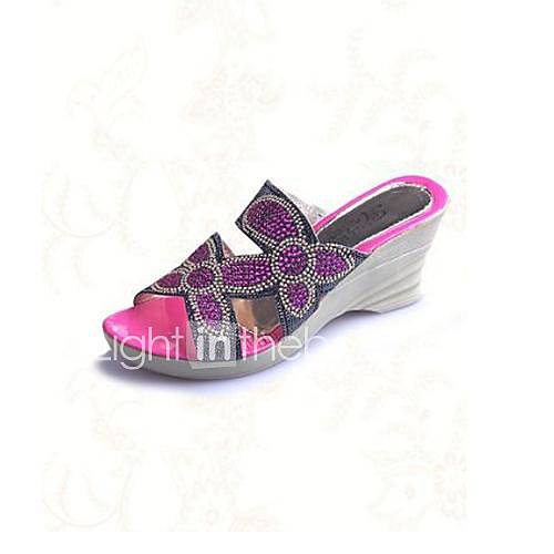 Leatherette Womens Wedge Heel Slide Slippers With Rhinestone Shoes(More Colors)