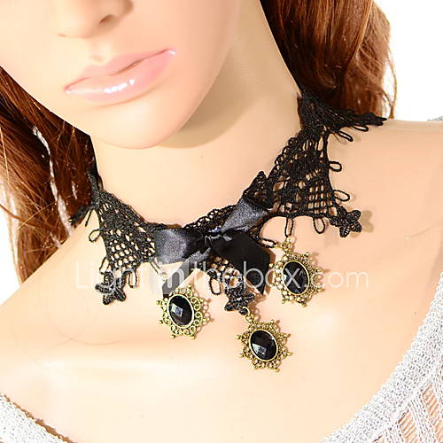 OMUTO Bowknot Gem Pendant Lace Necklace (Black)